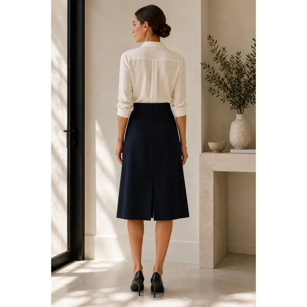 Vintage Paul Stuart Made in Italy Navy Silk Blend A-Line Midi Skirt Quiet Luxury